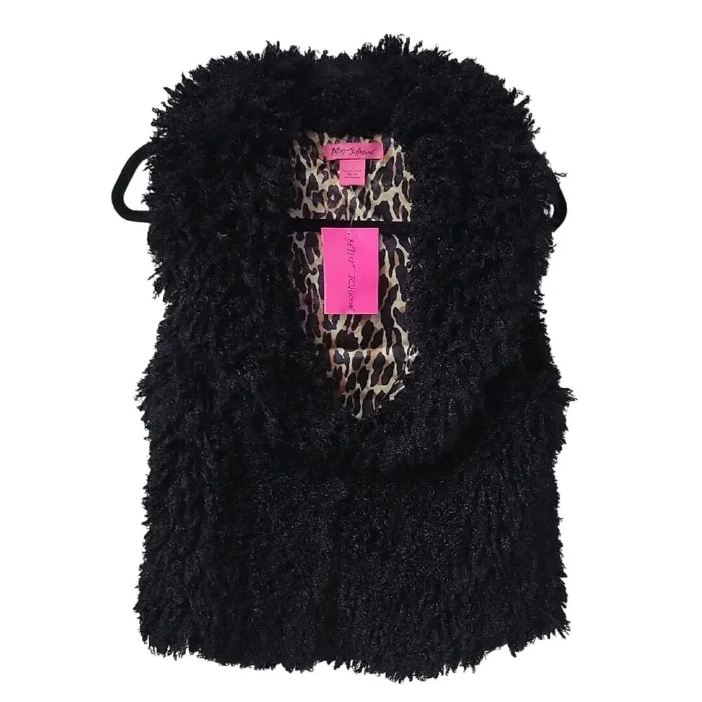 Betsey Johnson Black Faux Fur Vest Animal Print Lining Womens Size Small NWT